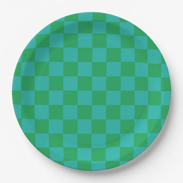 Prato De Papel Padrão Gingham Verde Azul Verificado (Frente)
