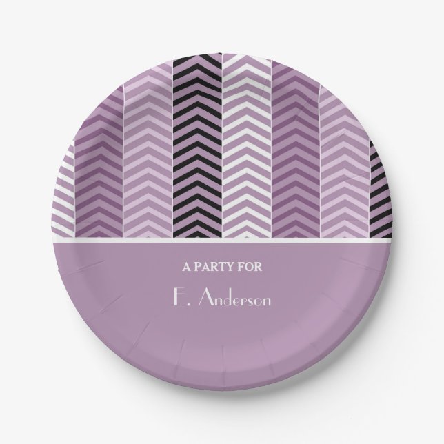 Prato De Papel Padrão Girly Purple Chevron Stripes Com Nome (Frente)