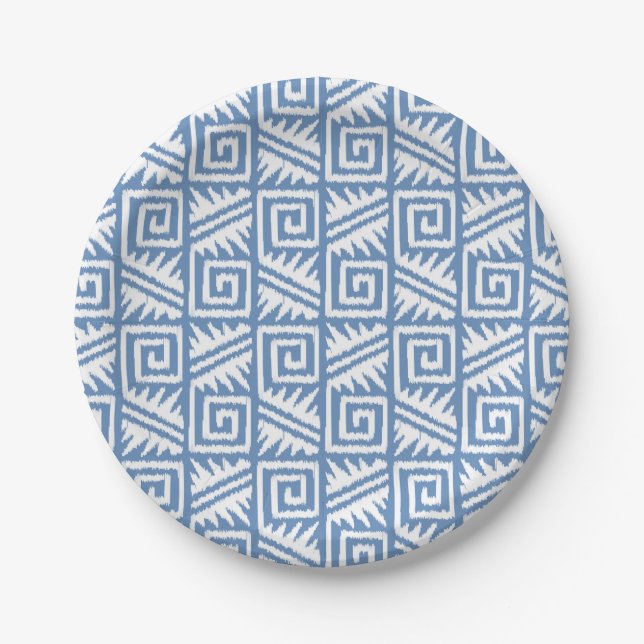 Prato De Papel Padrão Ikat Aztec - Azul-Céu e Branco (Frente)