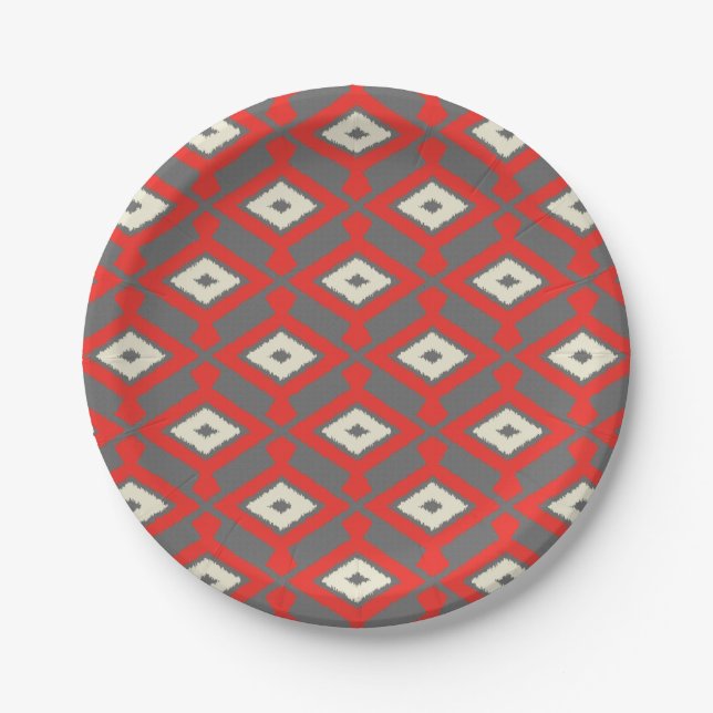 Prato De Papel Padrão Ikat - Vermelho, Cinza e bege (Frente)