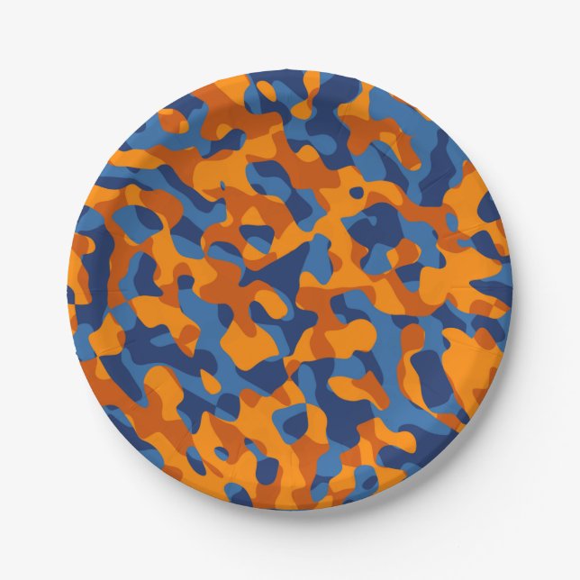 Prato De Papel Padrão Impressão de Camuflagem Laranja Azul (Frente)