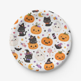 Prato De Papel Padrão Kawaii de Halloween com Abóboras Fofas