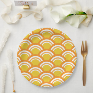 Prato De Papel Padrão Laranja Amarelo Seigaiha da Onda Japonesa