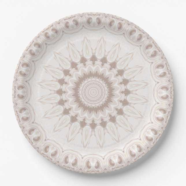 Prato De Papel Padrão Mandala Bege e Creme (Frente)