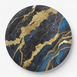 Prato De Papel Padrão Marble Azul com Dourado