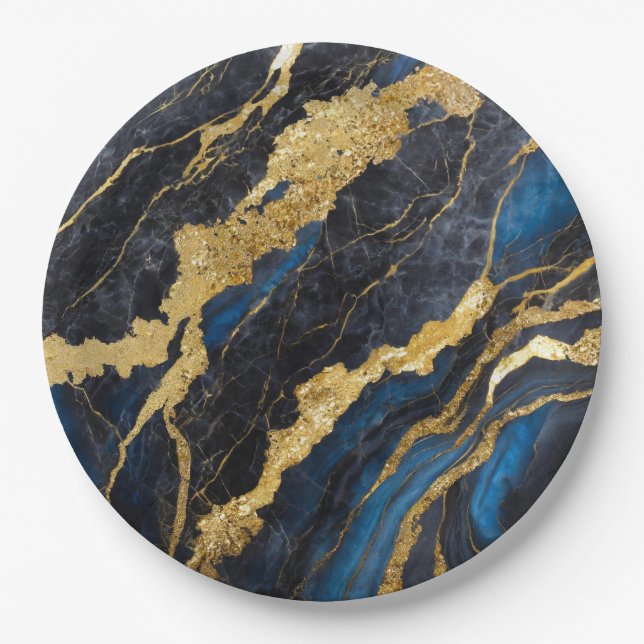 Prato De Papel Padrão Marble Azul com Dourado (Frente)