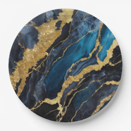 Prato De Papel Padrão Marble Azul com Dourado