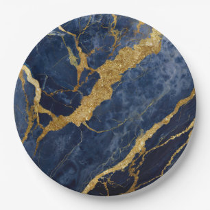 Prato De Papel Padrão Marble Azul com Dourado