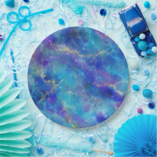 Prato De Papel Padrão Marble Azul, Roxo e Dourado Elegante