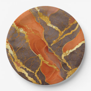 Prato De Papel Padrão Marble Laranja com Dourado