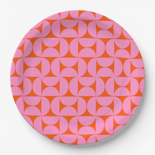 Prato De Papel Padrão Moderno De Meio século Rosa E Laranja (Frente)