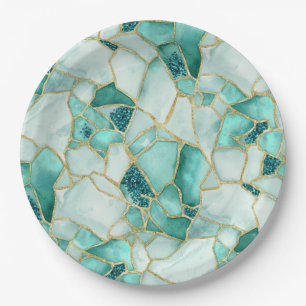 Prato De Papel Padrão Mosaico de Vidro do Mar em Aquarela Água Tu