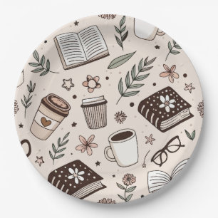 Prato De Papel Padrão Neutro de Café e Livro Aconchegante Estétic