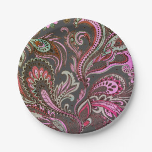 Prato De Papel Padrão Paisley Elegante Roxo Rosa Marrom Preto