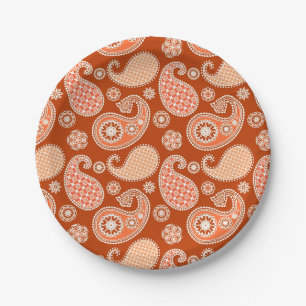 Prato De Papel Padrão paisley, laranja-mandarino e branco