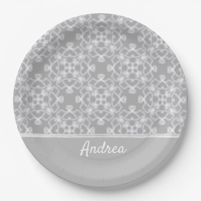 Prato De Papel Padrão personalizado branco e cinza (Frente)