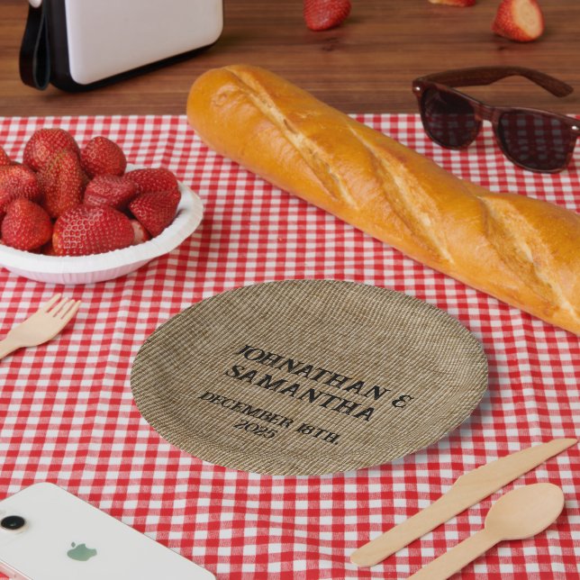 Prato De Papel Padrão personalizado de burlap natural do casament (Piquenique)