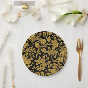 Prato De Papel Padrão Preto de Lacagem Indiana Floral em Ouro Ant