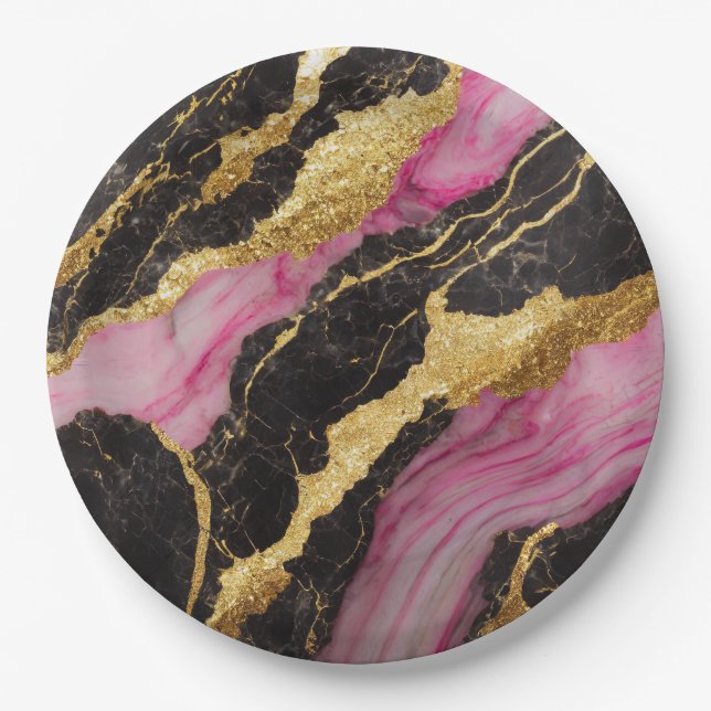 Prato De Papel Padrão preto rosa-mármore com Dourado (Frente)