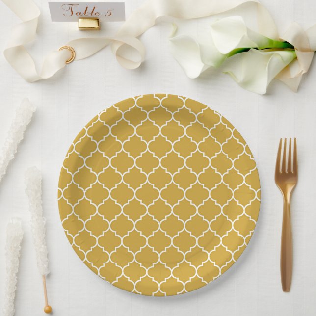 Prato De Papel Padrão Quatrefoil Dourado (Casamento)