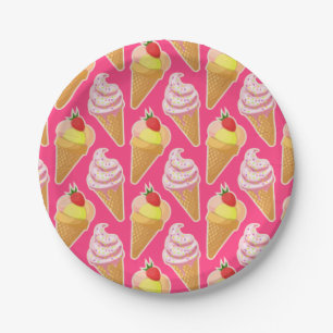 Prato De Papel Padrão rosa Kawaii com sorvete de morango