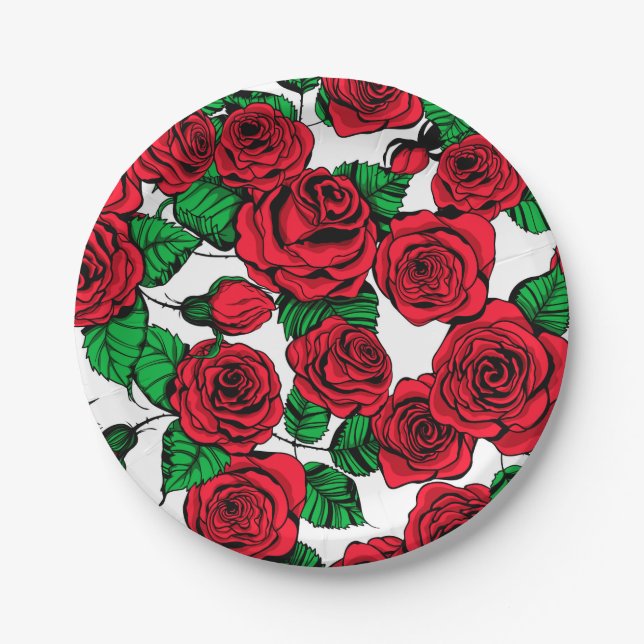 Prato De Papel padrão Rosa vermelha (Frente)