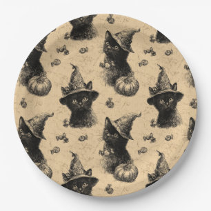 Prato De Papel Padrão Rustic Vintage Black Cat Witch Halloween