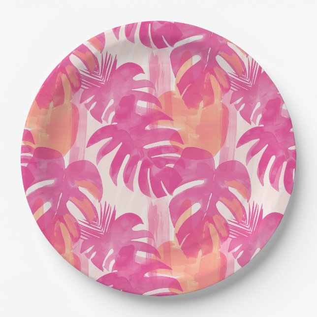 Prato De Papel Padrão simples de abstrato com folhas de monstera, (Frente)