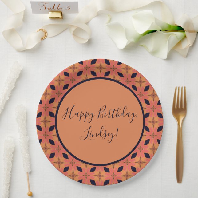 Prato De Papel Padrão Tropical de Laranja e Retro Negro (Casamento)