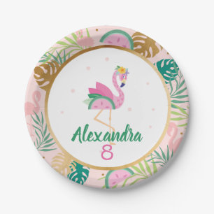 Prato De Papel Padrão tropical do Flamingo verde rosa e da melanc