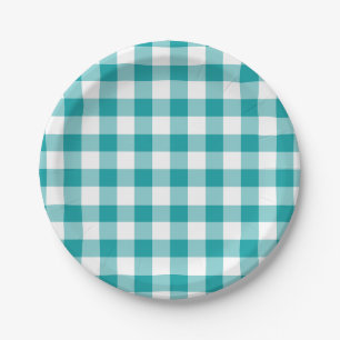 Prato De Papel Padrão Turquesa e Gingham Branco