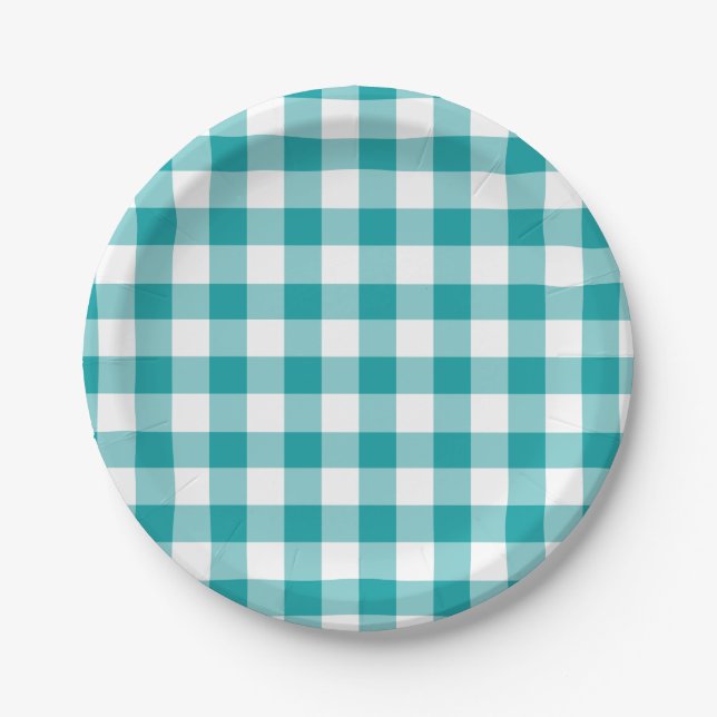Prato De Papel Padrão Turquesa e Gingham Branco (Frente)