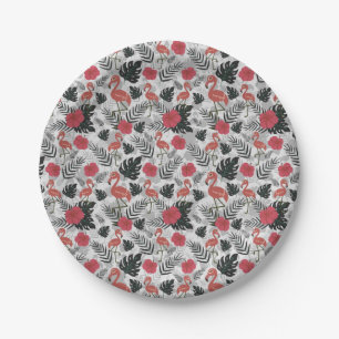 Prato De Papel Padrão uniforme Flamingo com fundo floral