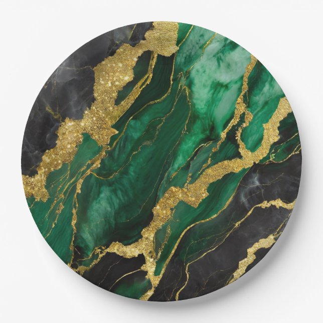 Prato De Papel Padrão Verde Marble com Dourado (Frente)