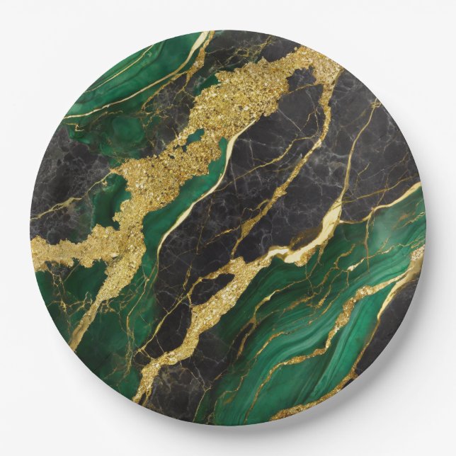 Prato De Papel Padrão Verde Marble com Dourado (Frente)