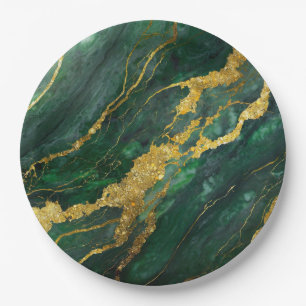 Prato De Papel Padrão Verde Marble com Dourado
