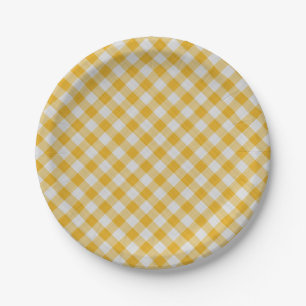 Prato De Papel Padrão Verificado de Xadrez Gingham Amarelo