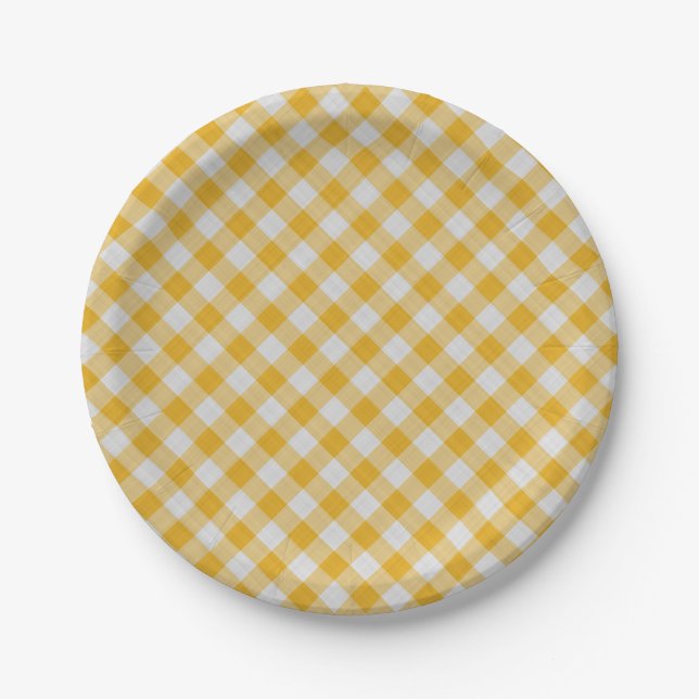 Prato De Papel Padrão Verificado de Xadrez Gingham Amarelo (Frente)