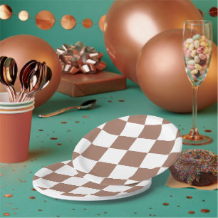 Prato De Papel Padrão verificado em branco e Mocha Mousse