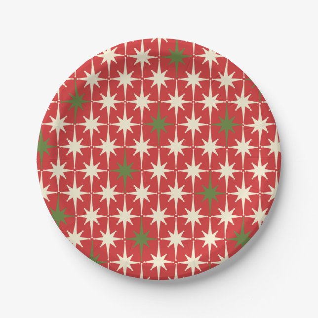 Prato De Papel Padrão Vermelho de Estrelas de Natal Retroativas d (Frente)