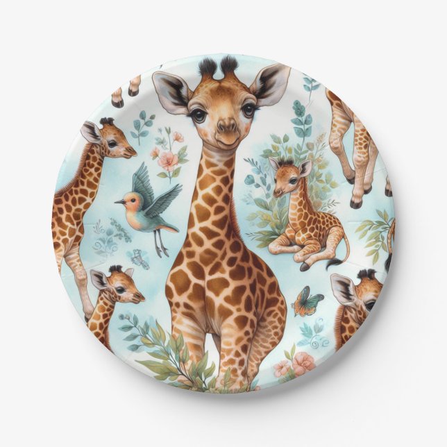 Prato De Papel Padrão Vintage Cute Baby Giraffe (Frente)