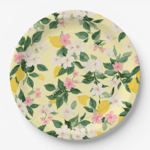 Prato De Papel Padrão Vintage Lemon & Blossom em amarelo