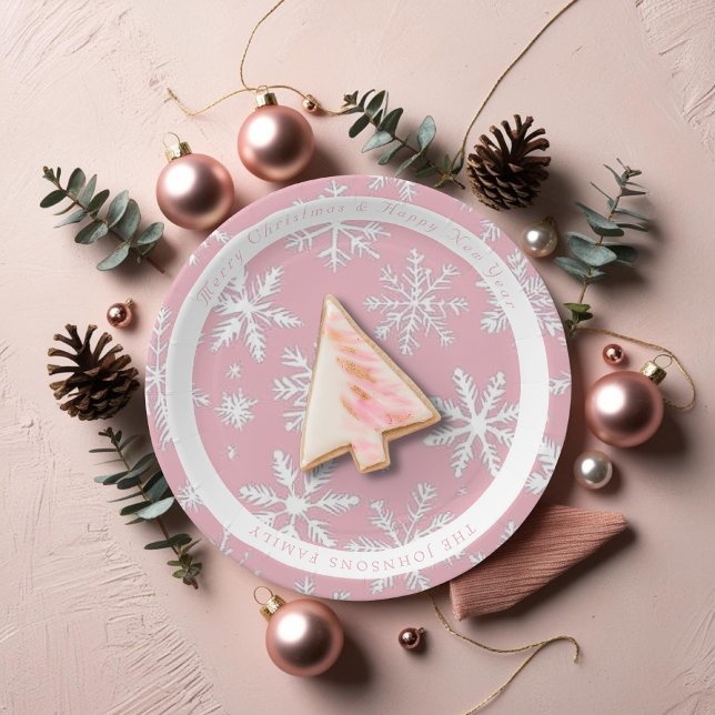 Prato De Papel Padrão Vintage Modern Pink Snowflakes (Vintage Modern Pink Snowflakes pattern Paper Plates)