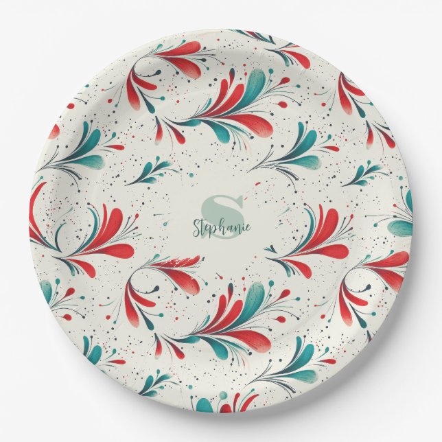 Prato De Papel Padrão Whimsical Blue e Red Paisley Leaf (2) (Frente)