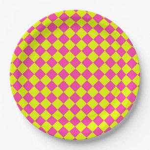 Prato De Papel Padrão Xadrez Amarelo Rosa