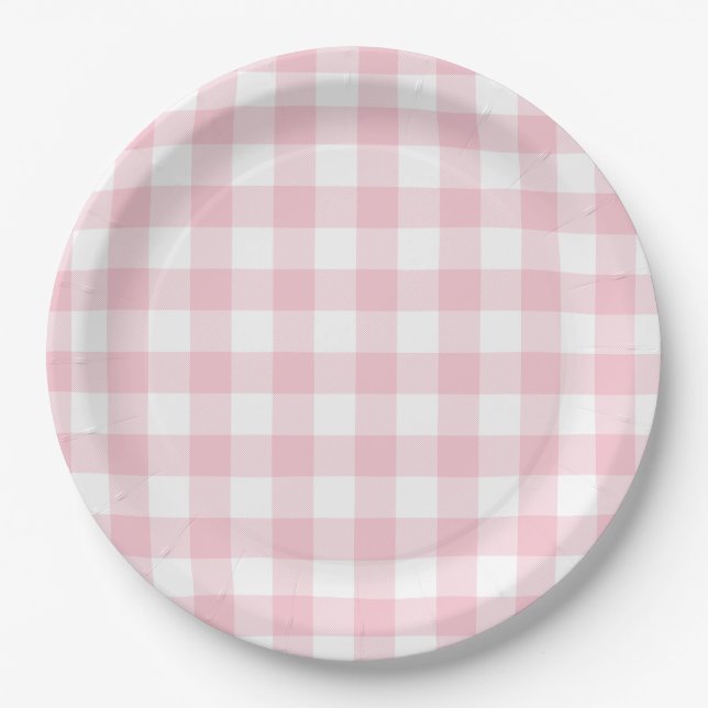 Prato De Papel Padrão Xadrez Gingham Rosa Pastel (Frente)