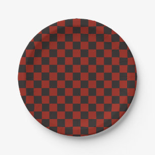 Prato De Papel Padrão xadrez preto e vermelho profundo