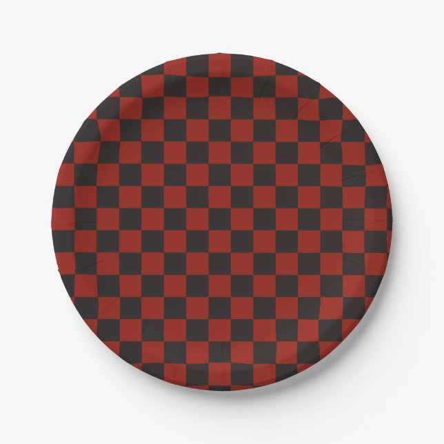 Prato De Papel Padrão xadrez preto e vermelho profundo (Frente)