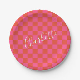 Prato De Papel Padrão Xadrez Rosa e Laranja Personalizado