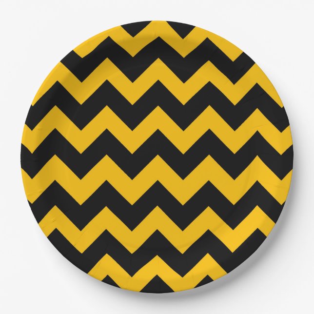 Prato De Papel Padrão Zigzag Chevron Amarelo Preto (Frente)